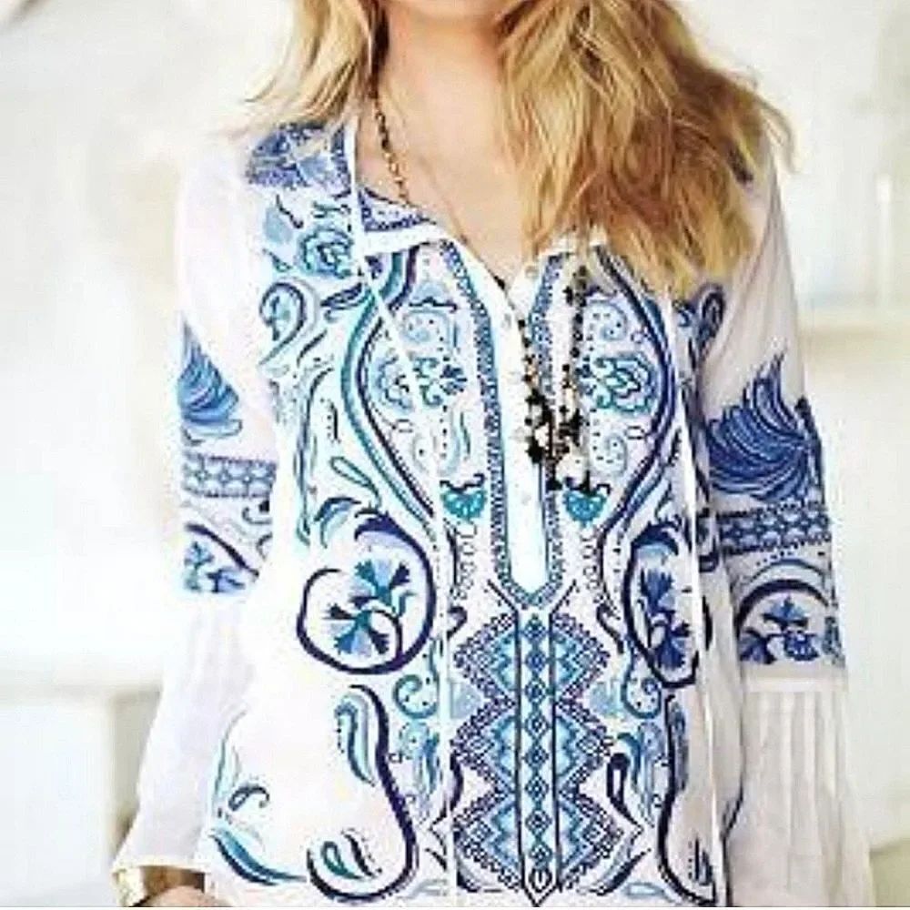 Anthropologie ISATO Zocalo Embroidered Tassle White Blue Boho Top S
